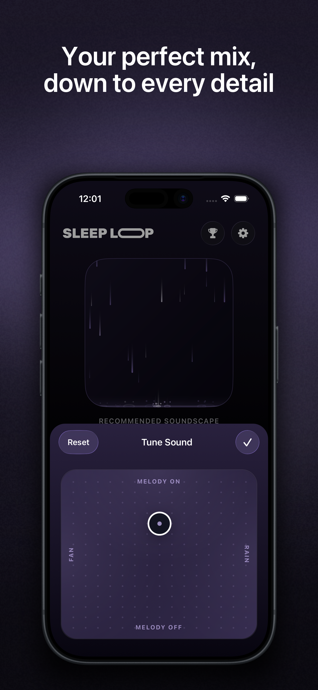 Tune Sound screen with a two-axis pad blending melody and rain