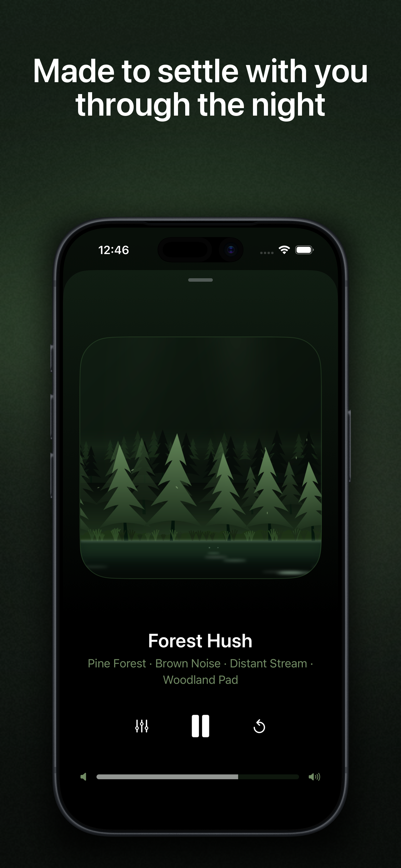 Forest Hush player screen with pine forest artwork